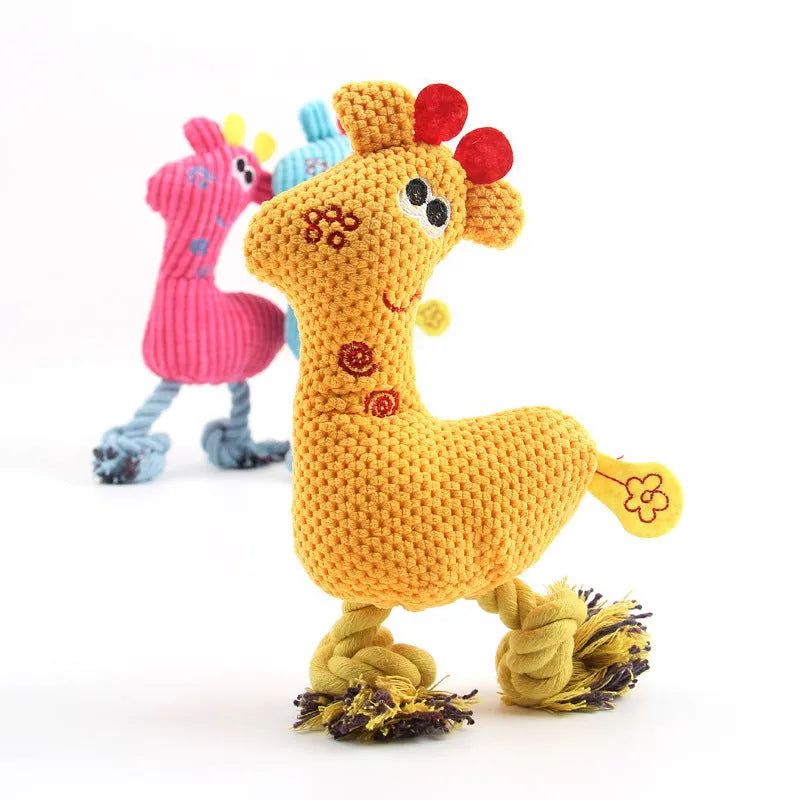 Blue deer-shaped plush dog toy with corn grain texture and squeaker.