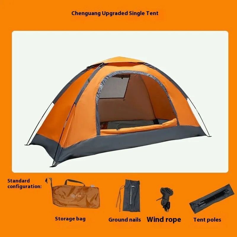 Single-person camping tent in Army Green colour with manual setup poles and compact storage size