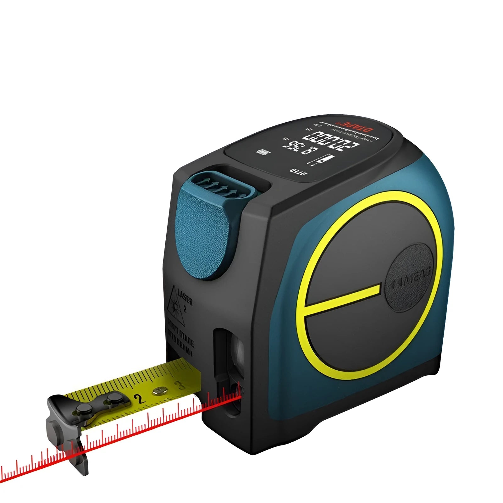 Black infrared laser rangefinder DT10 with digital display and 5 metre nylon tape measure