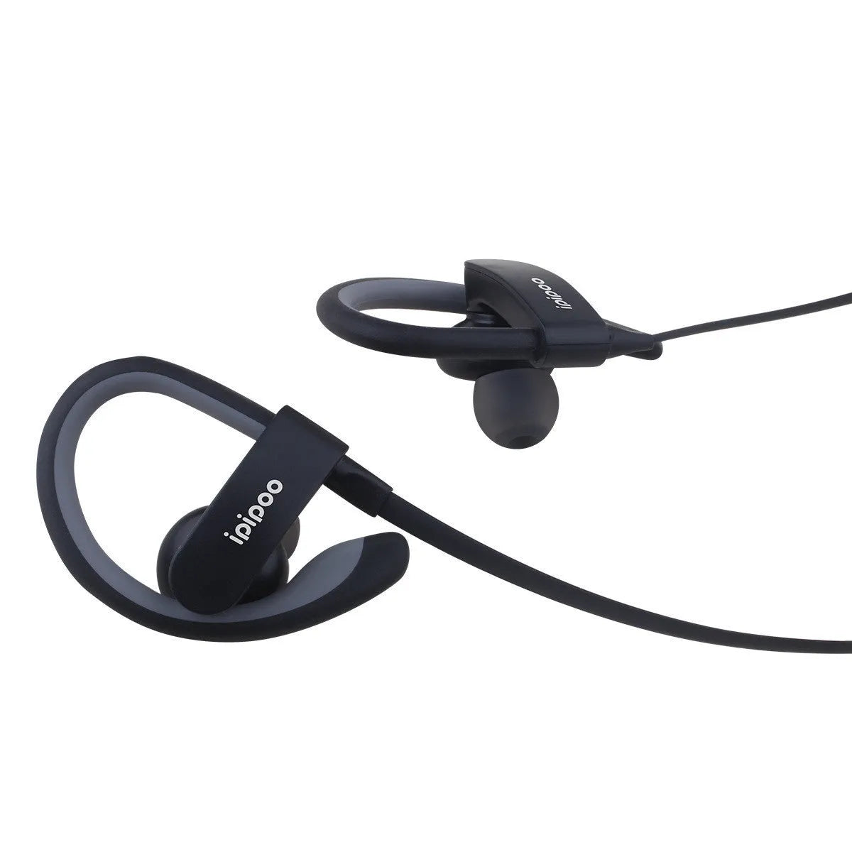 Wireless sports headphones in blue, grey, red and yellow colours showing earplug design