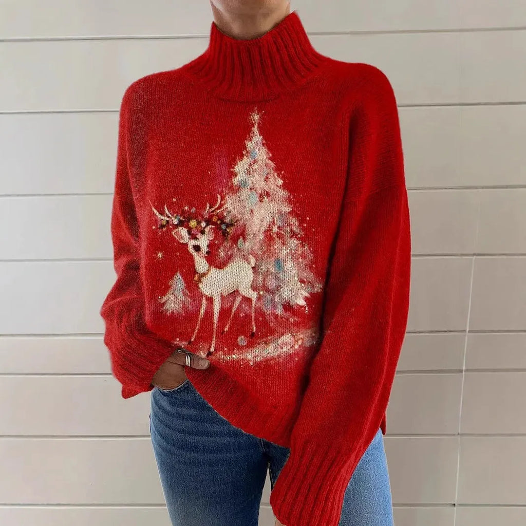Women's loose fit Christmas printed turtleneck sweater with long sleeves in a macaron colour.