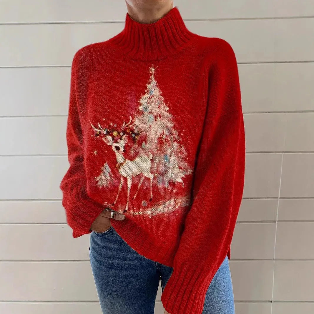 Women's loose fit Christmas printed turtleneck sweater with long sleeves in a macaron colour.