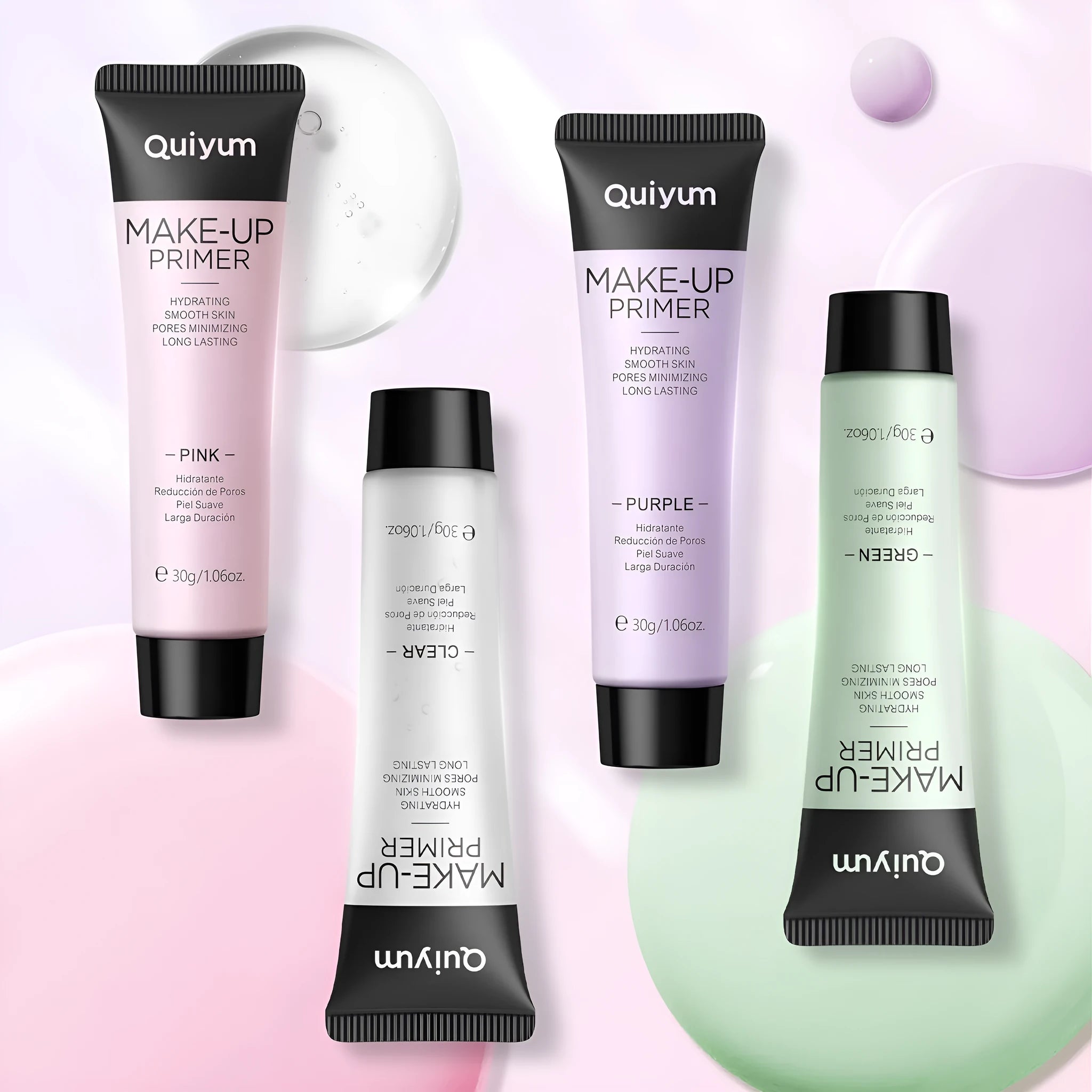 30g colour-correcting moisturising makeup primer box showing green, pink, and purple shades