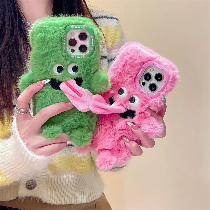 Pink and green cartoon monster silicone iPhone case with sticking-out tongue design