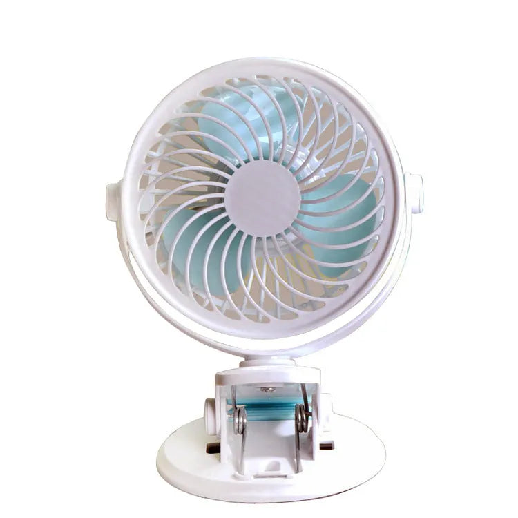 USB-powered desk fan with clip and floor stand options in compact design