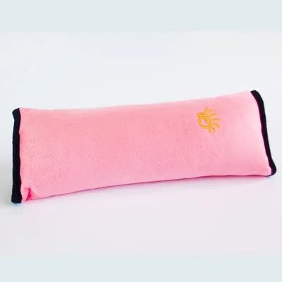 Children car pillow in microsuede fabric attached to a seatbelt, grey colour, 28.5cm by 9cm by 12cm