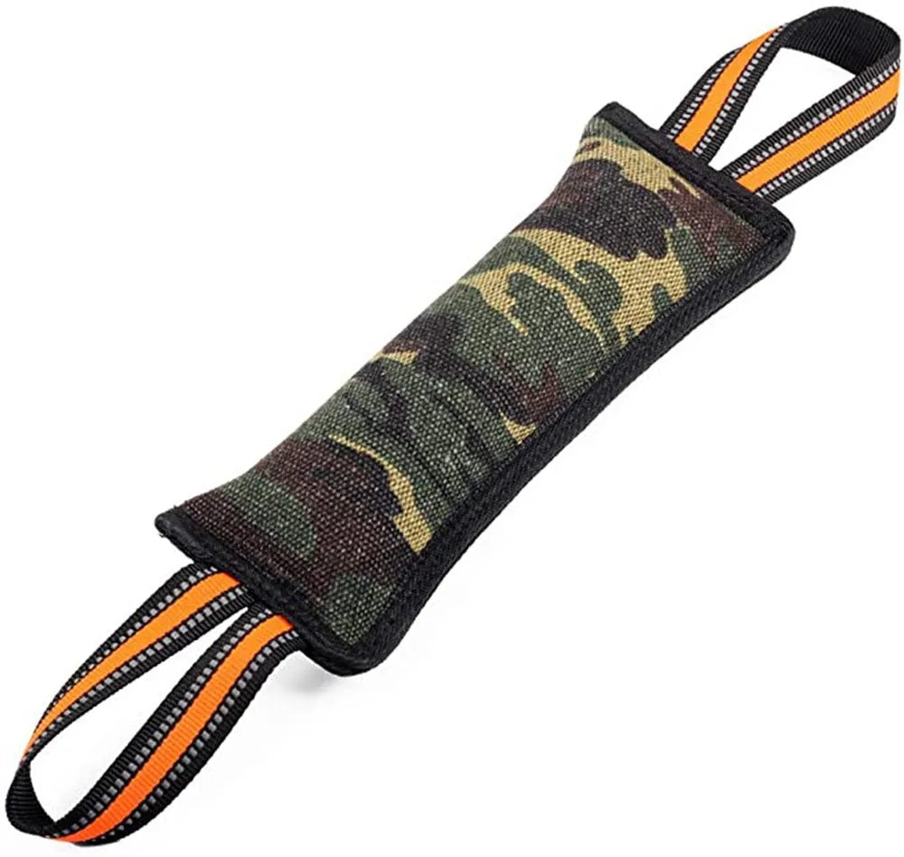 Reflective yellow-edged jute dog bite stick measuring approximately 55cm in length