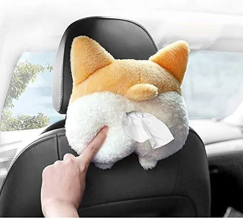 Yellow corgi butt shaped car tissue box cover with elastic strap for sun visor mounting.