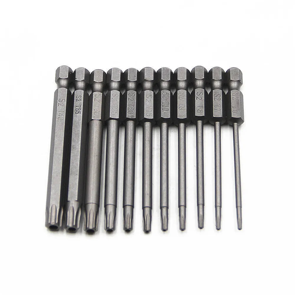 Hexagon handle screwdriver bit set with T-type bits in 50mm, 75mm and 100mm lengths.