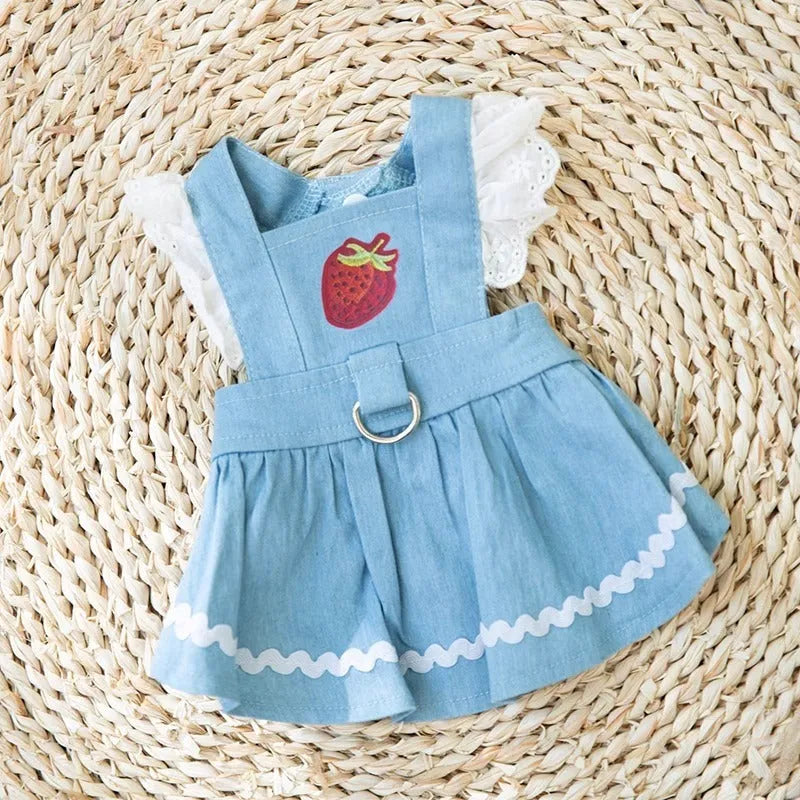 Bondi Blue strawberry traction denim skirt dog clothes for small dogs in sizes XS to XL.