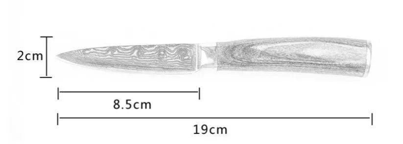Carpenter's Special kitchen knife with laser Damascus pattern blade and coloured wood handle