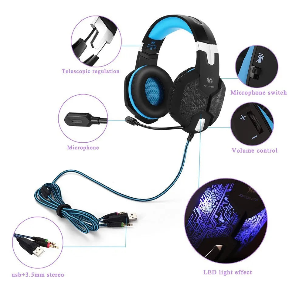 G1000 gaming headset with microphone, over-ear wired design with 3.5mm and USB connection, available in multiple colours.