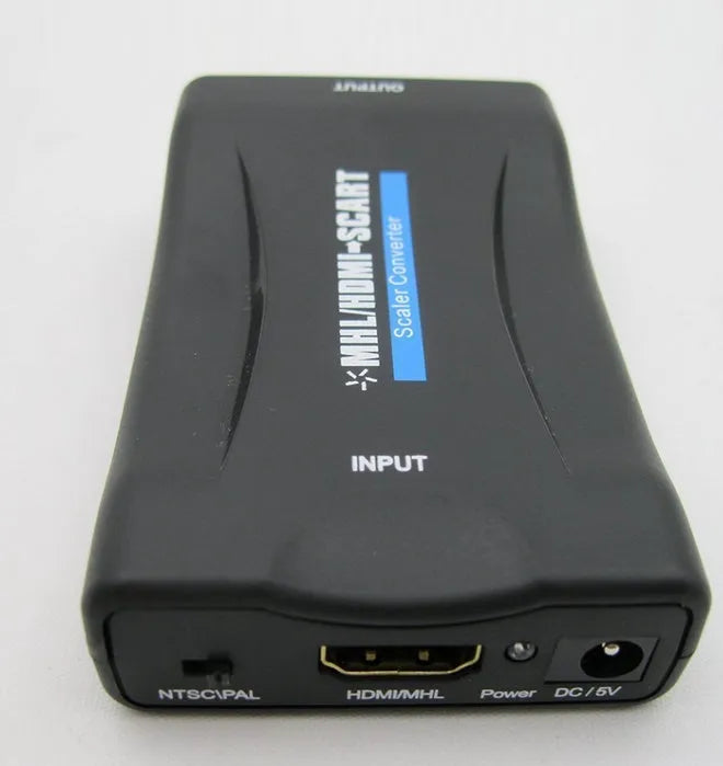 Compact HDMI to Scart converter with 1080P support, showing both HDMI and Scart ports