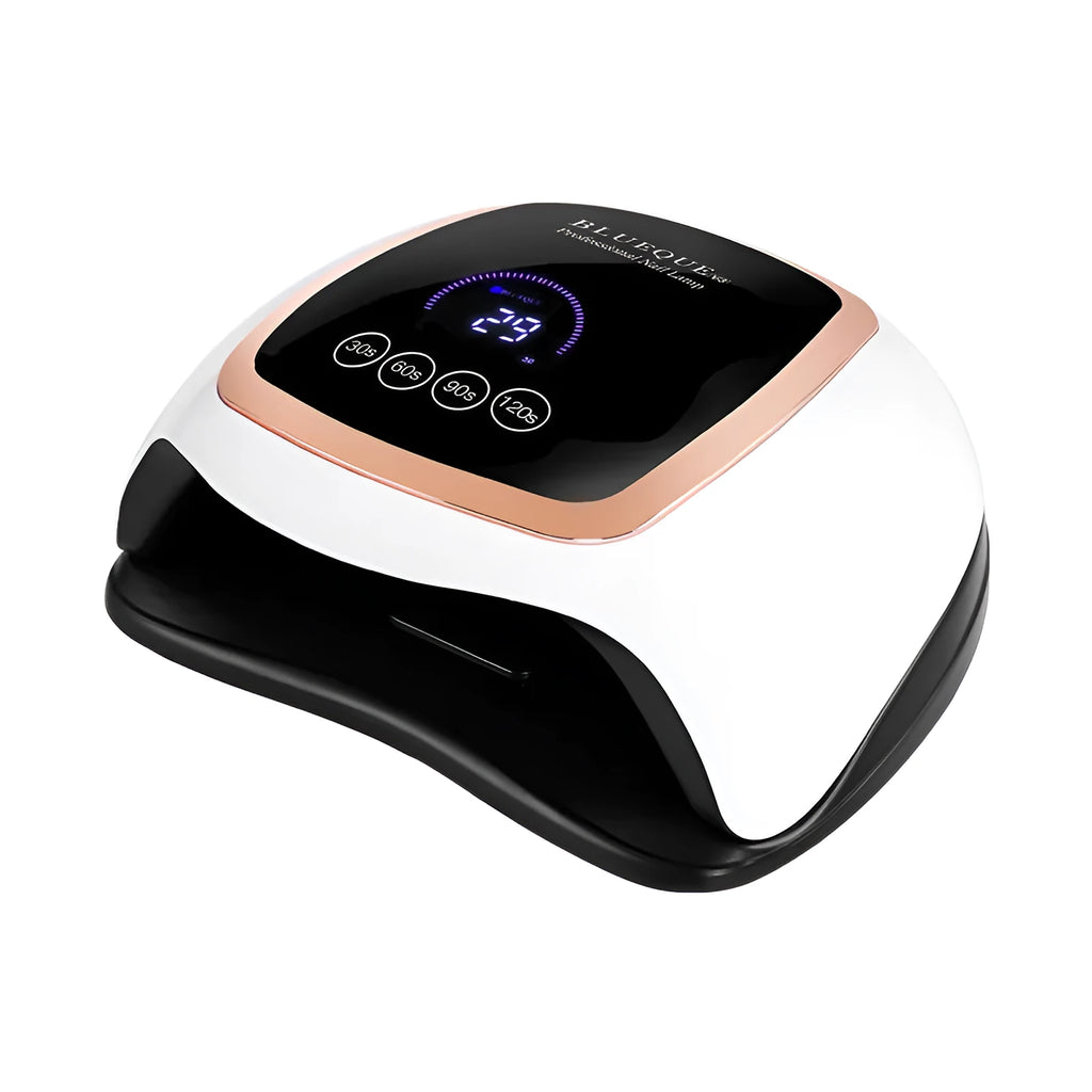 BLUEQUE V3 168W UV LED nail lamp with 42 gold wire beads, ABS plastic housing, compact 23.5cm x 20cm x 8cm