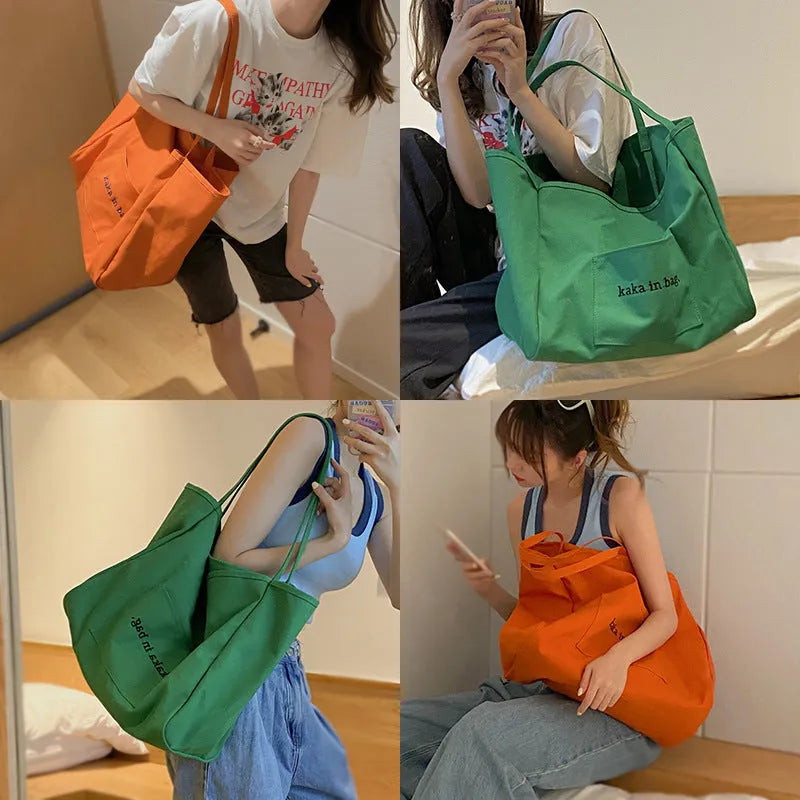 Large capacity canvas shopping tote bag in solid colour, suitable for shoulder carry