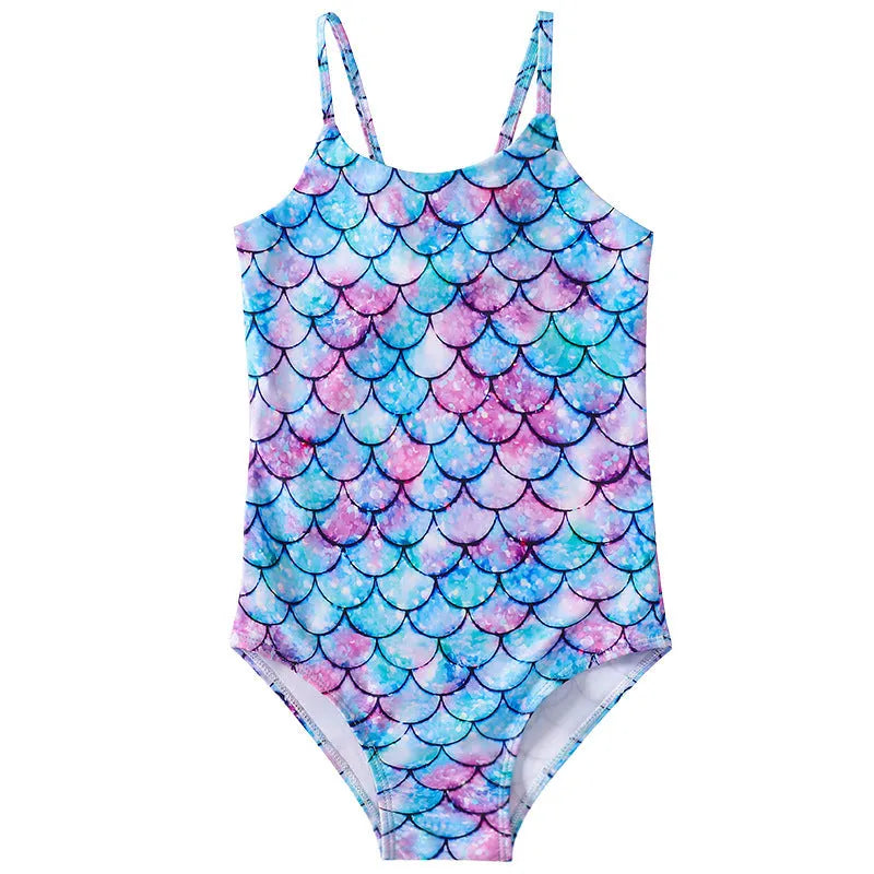 Blue and purple girls' mermaid one-piece swimsuit for swimming, shown in a child size.
