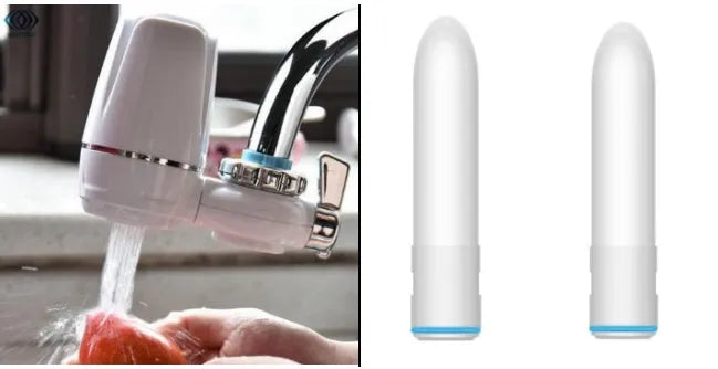 White kitchen faucet water filter with ceramic cartridge and universal thread adapters for tap mounting.