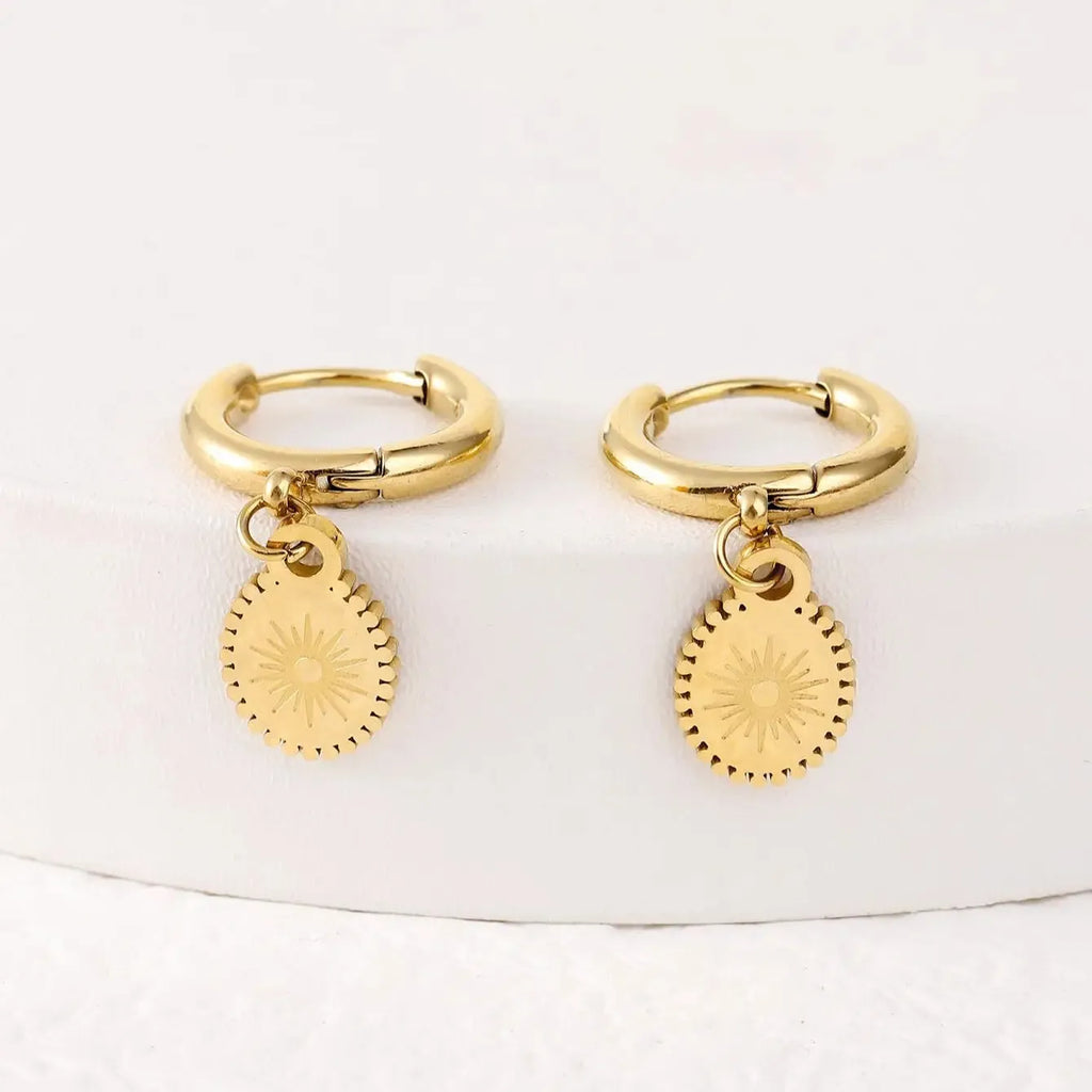 A pair of stainless steel geometric earrings with ellipse design details on a white background.
