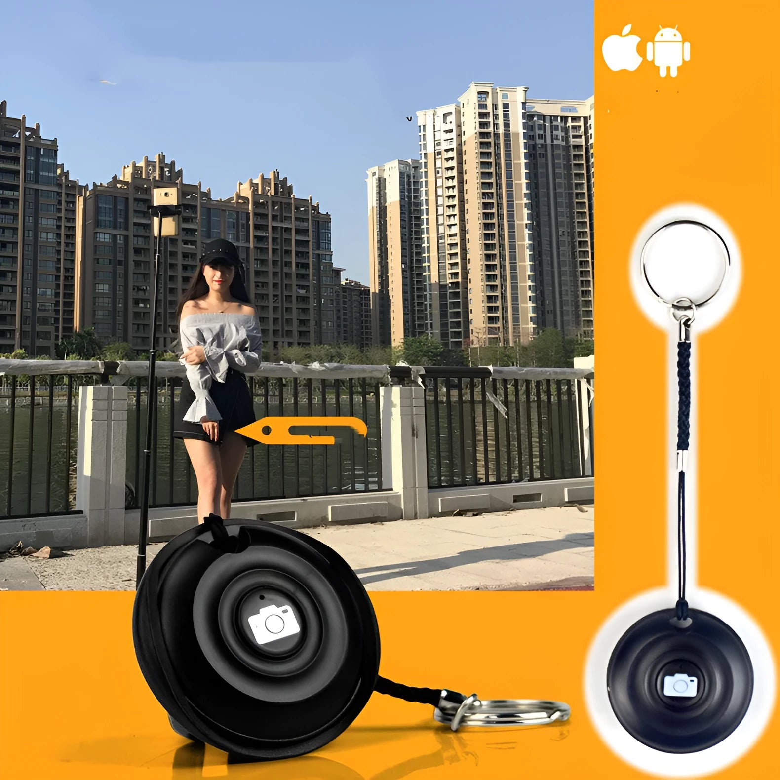 Small black Snap Bluetooth remote shutter next to a smartphone on a tripod, demonstrating wireless camera control.