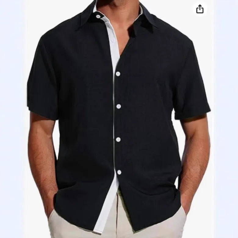 Men's short-sleeved floral print shirt in lightweight polyester fabric on a hanger.