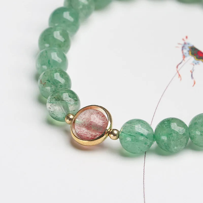Green strawberry quartz hand-woven bracelet with 7.5mm beads in geometric single circle design