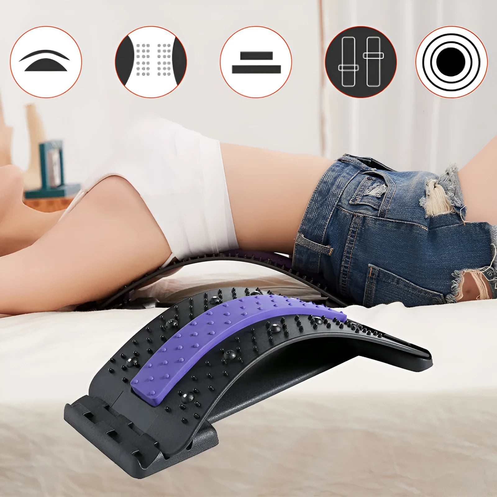 Blue lumbar disc corrector with rectangular trapezoid shape, adjustable 7/9/11 cm height, 38x25cm size, mechanical control, 8 massage heads