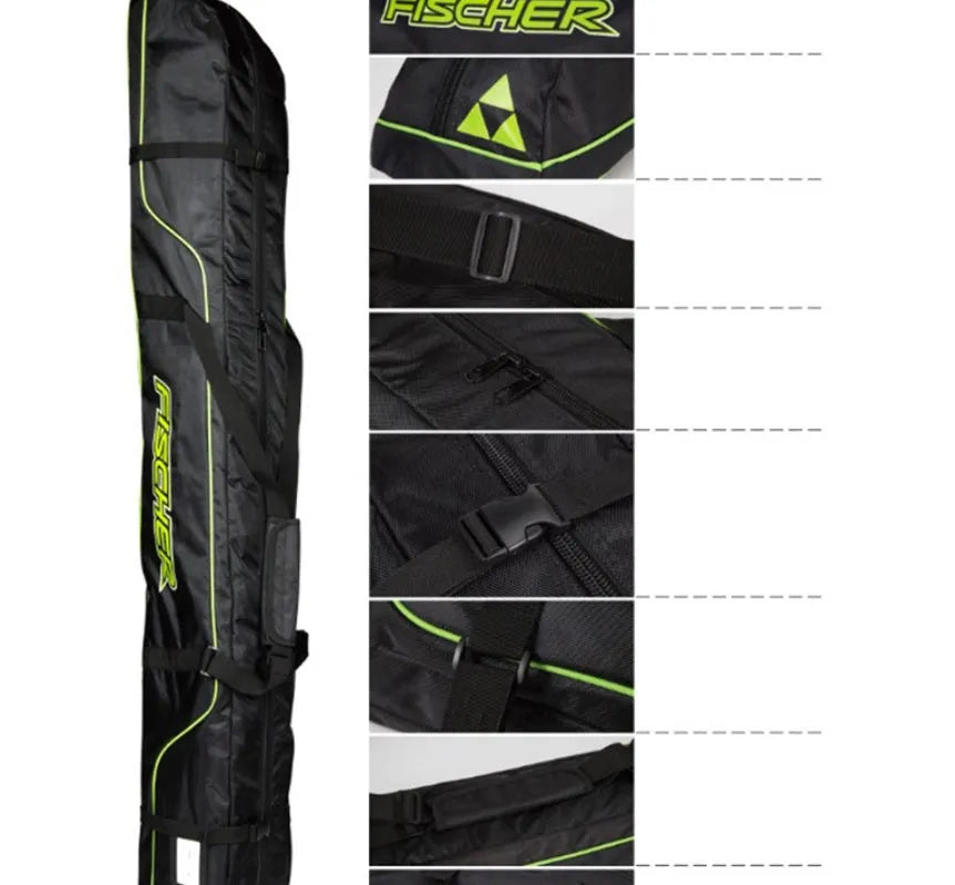 Ski gear bag made from waterproof Oxford fabric shown in open position with ski equipment inside
