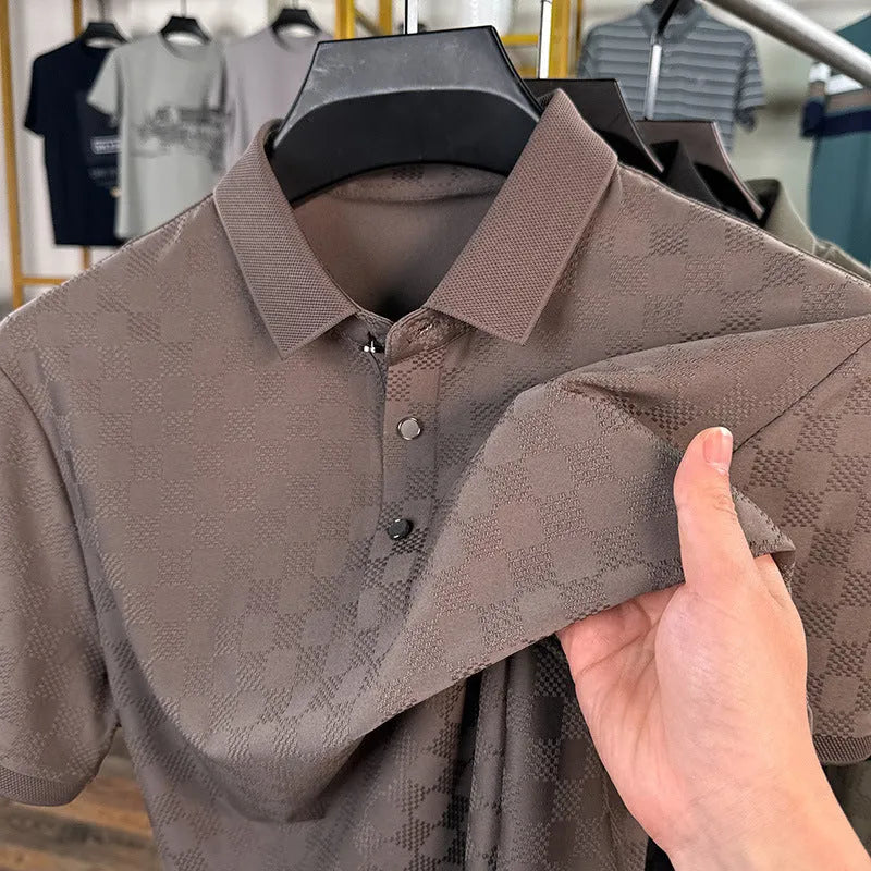Rhombus pattern thin ice silk short sleeve T-shirt with a slit design, shown in black.