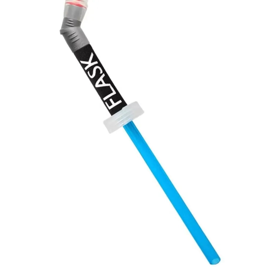 Mountain Cliking portable plastic straw with black clip attached to a green backpack strap