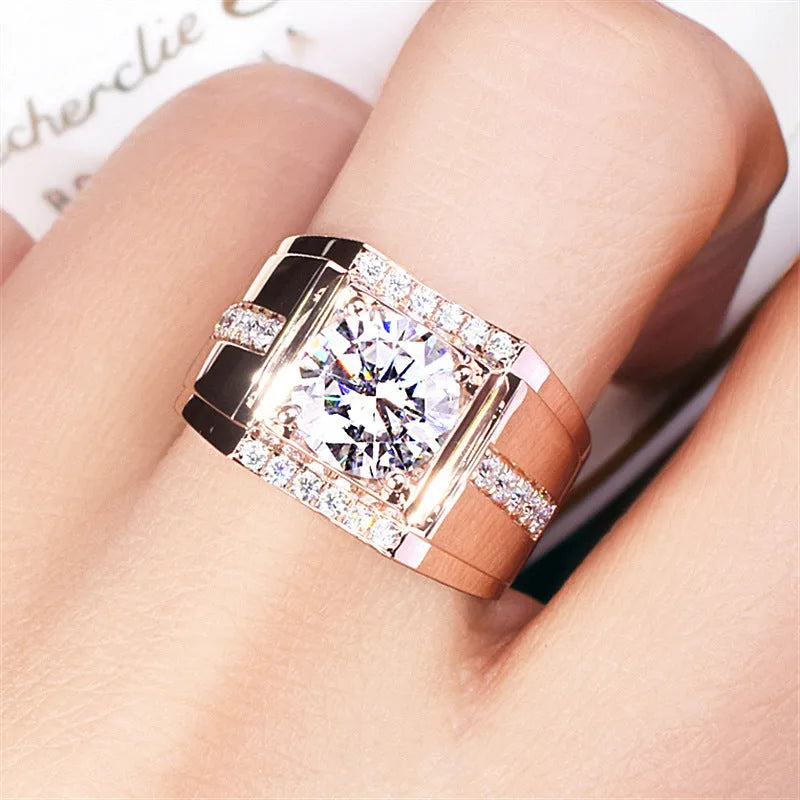 Men's adjustable geometric diamond zircon ring in gold electroplated colours
