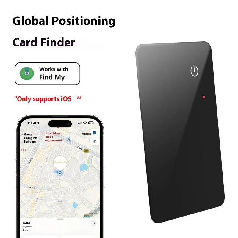 Black NFC pet tracking card with wireless charging, showing hanging hole and slim 2.1mm profile.