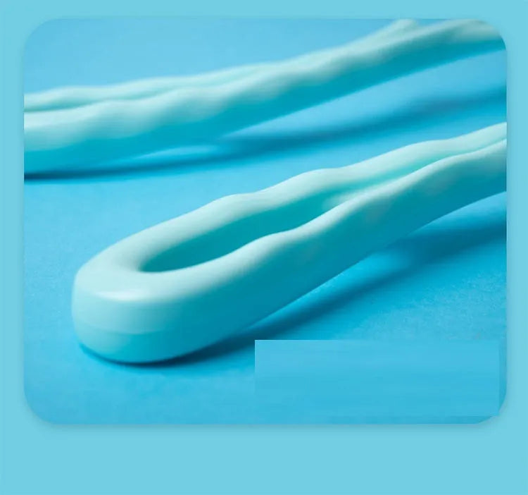 Blue handheld neck massager roller with pressure points on a grey background