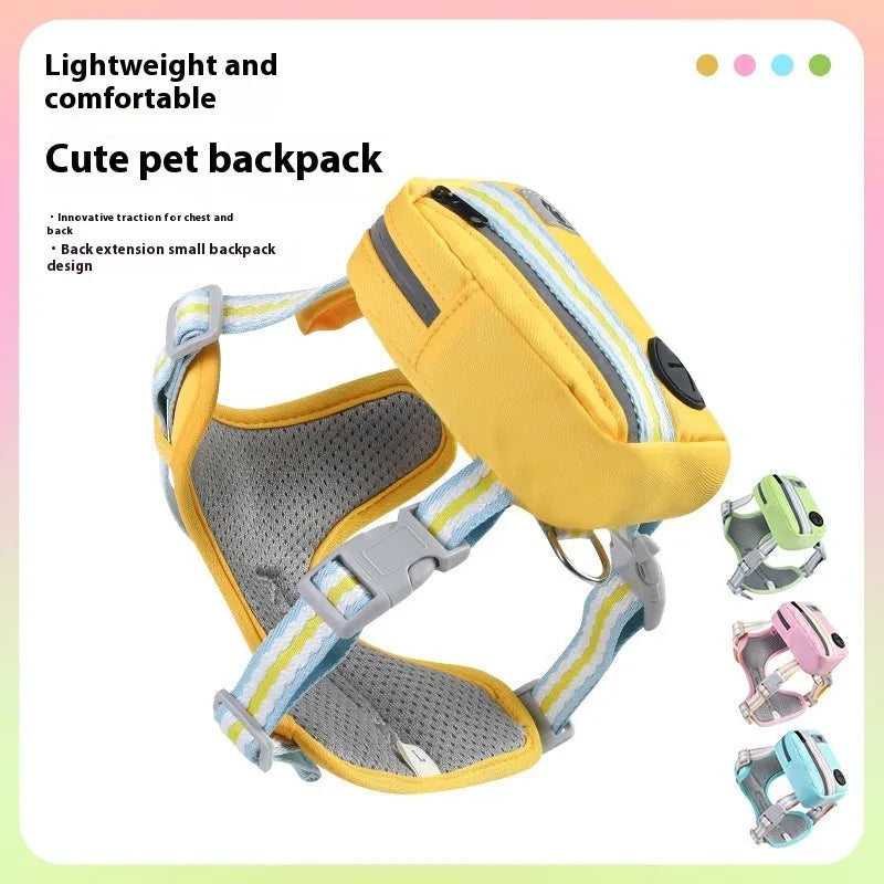 Pink explosion-proof dog harness with Y-front design and safety buckle on a dog, includes a 1.5m lead.