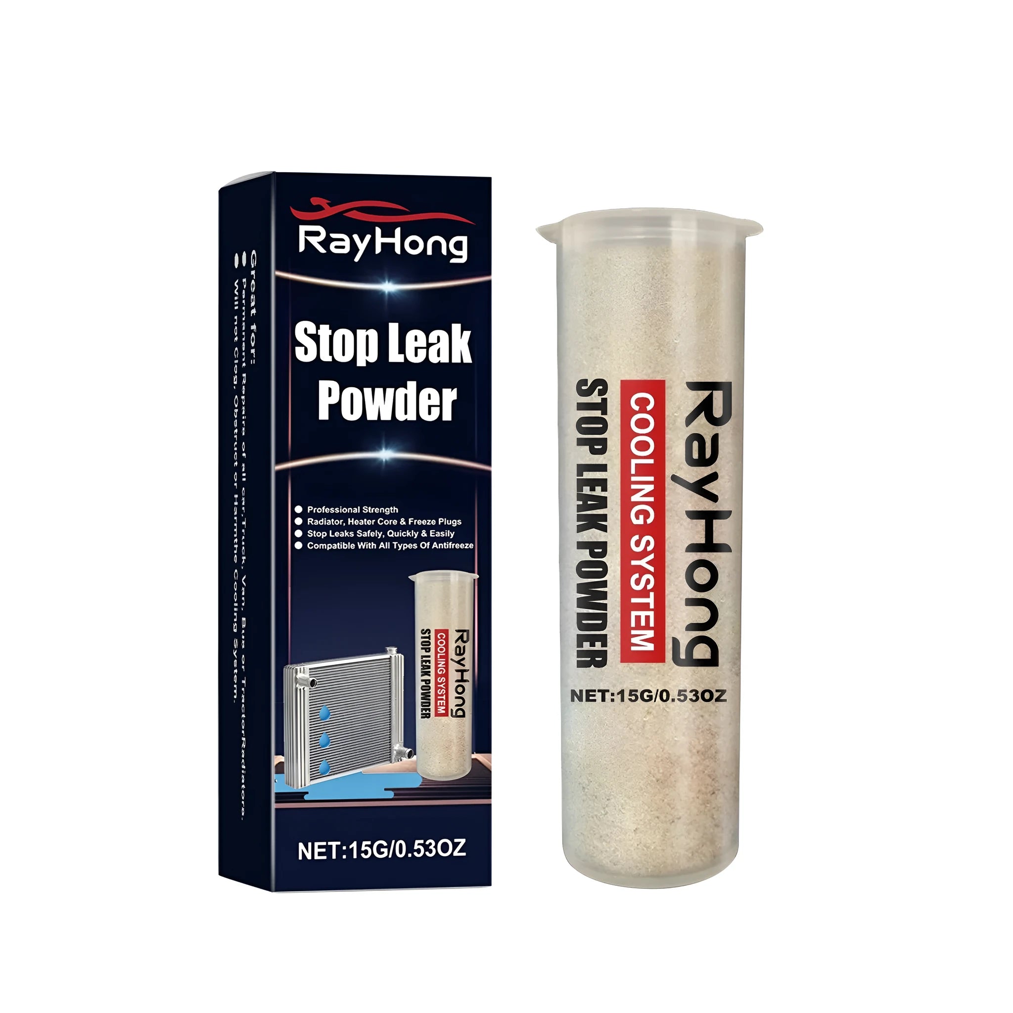 Stop leak powder container for automotive coolant leak emergency repairs