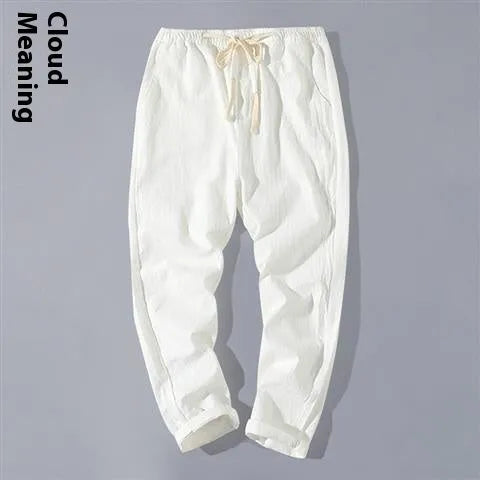 Men's cotton blend linen Tang suit cropped pants in high-waist straight-leg style