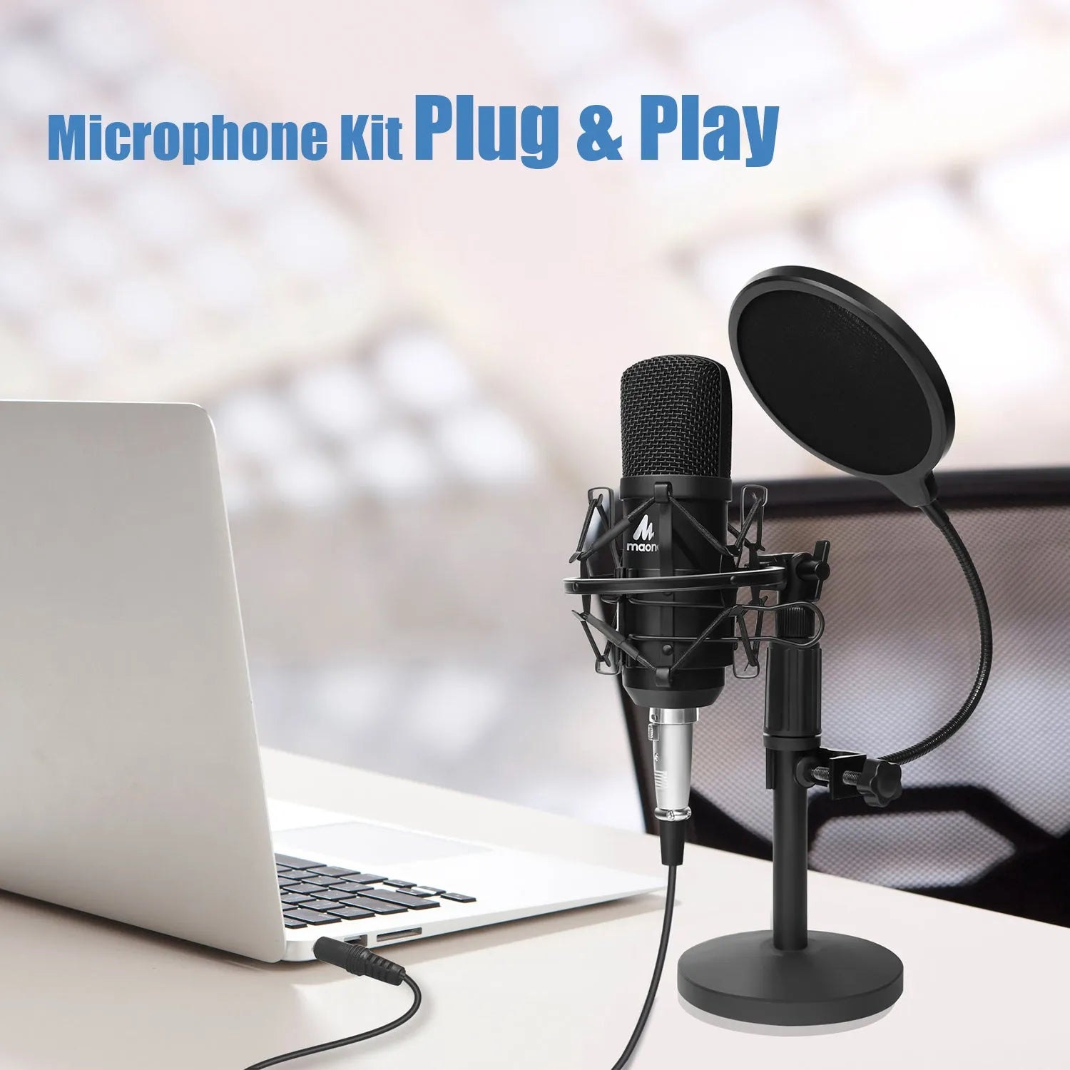 Black metal condenser microphone with XLR and 3.5mm ports for mobile computer live broadcast