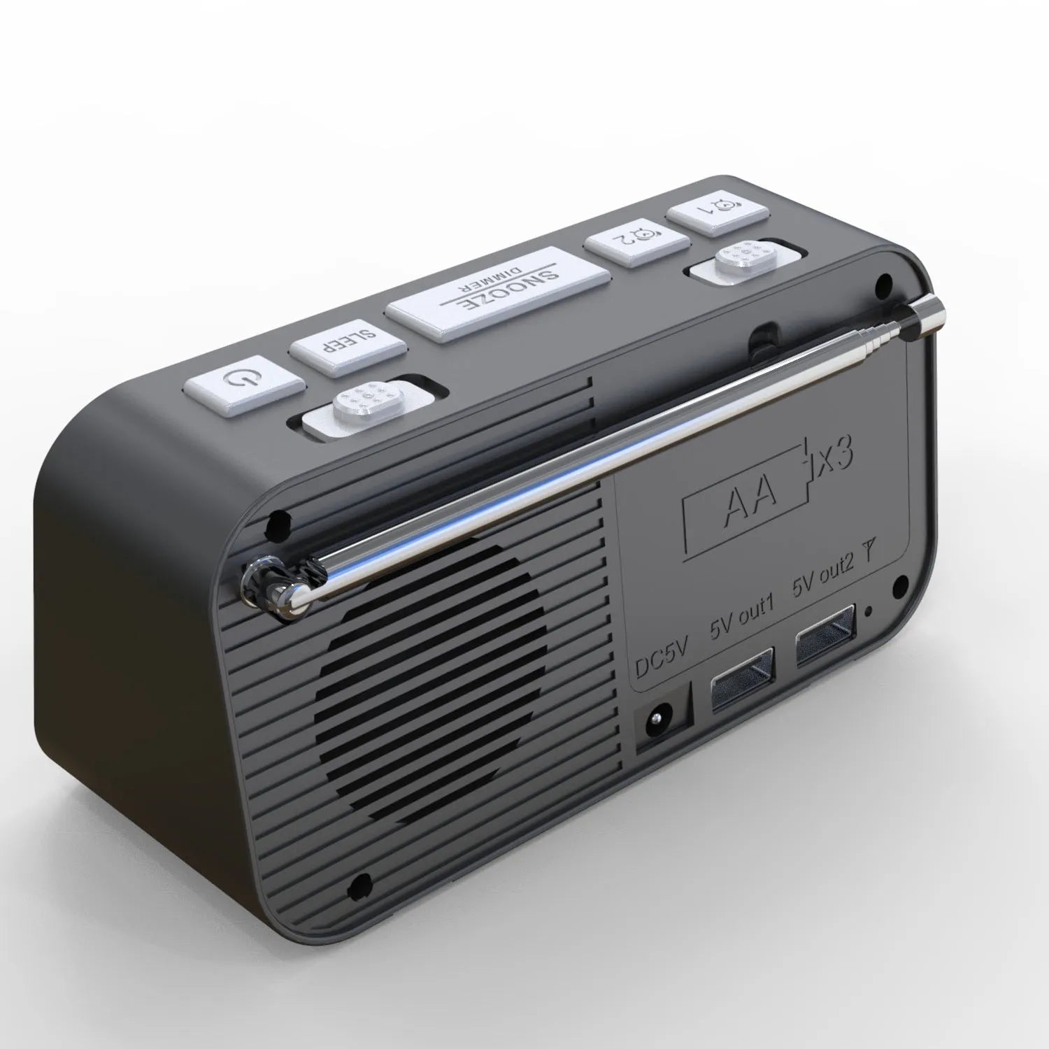 Black DAB bedside alarm clock with large LED display, USB charging ports, and pig tail antenna