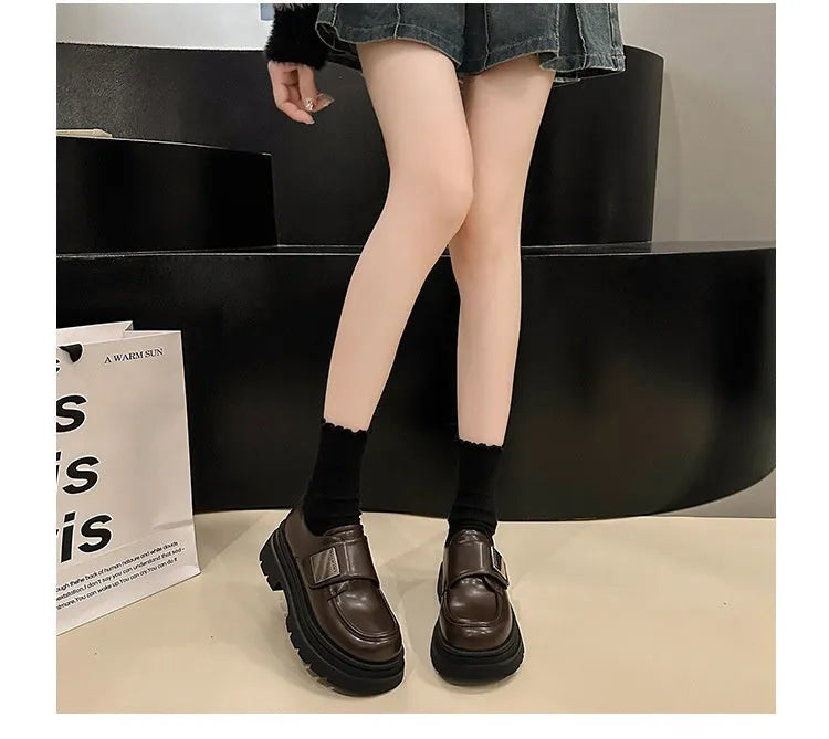 Women's black chunky heel shoes with 6-8cm square heel, microfiber upper, cross strap, round toe, low top