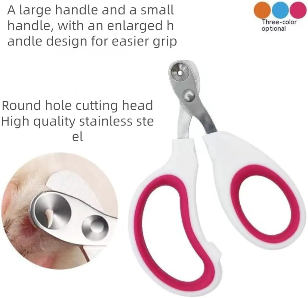 Blue pet nail clippers with a circular safety hole and non-slip handle on a white background.