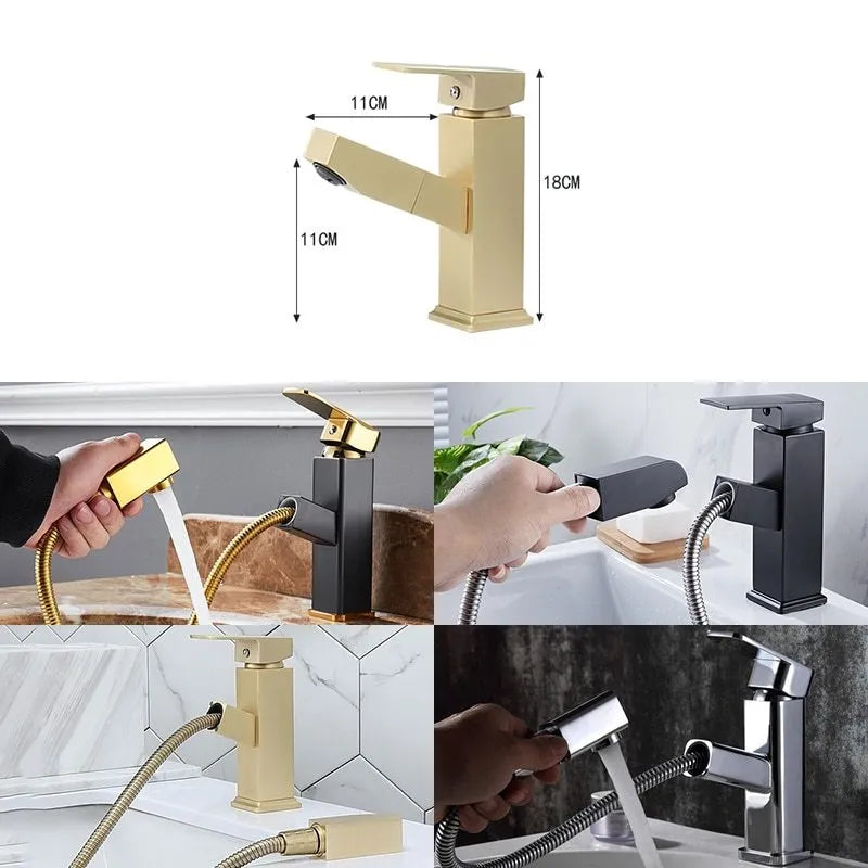 Brass square pull faucet with brushed gold electroplated finish and high low spout options