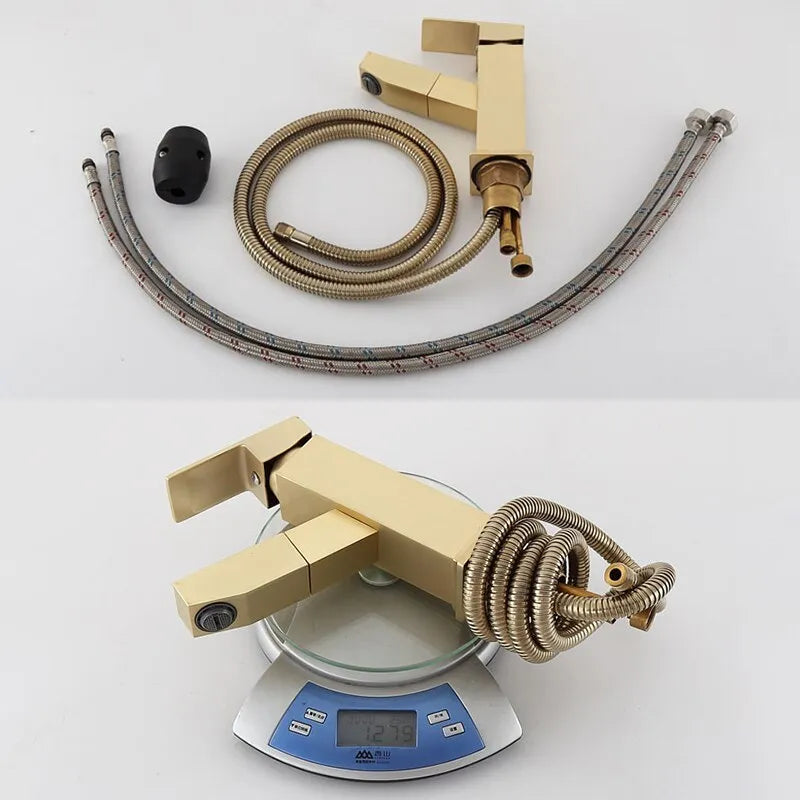 Brass square pull faucet with brushed gold electroplated finish and high low spout options