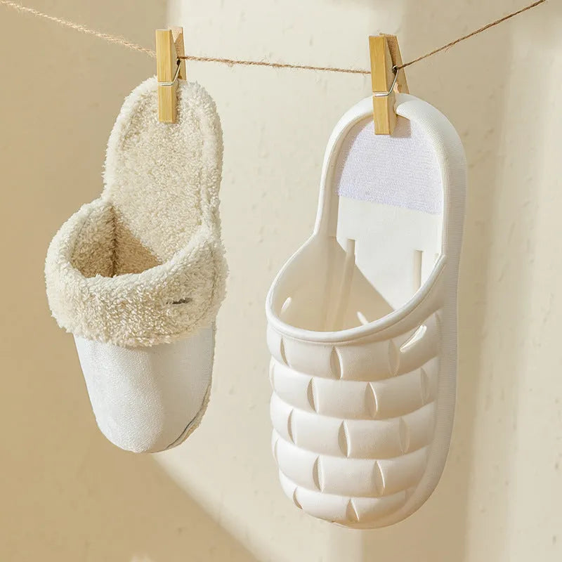Pink and grey plaid detachable slippers with a soft plush interior and a textured white EVA non-slip sole.