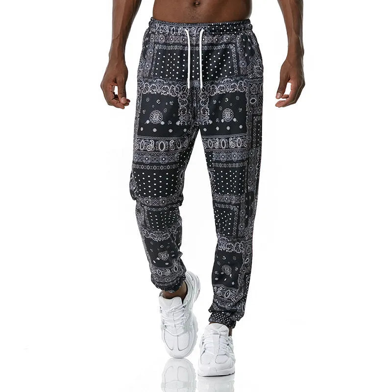 Ethnic printed slacks in Korean straight-leg style with mid-waist rise, no belt, available in sizes S to XXL