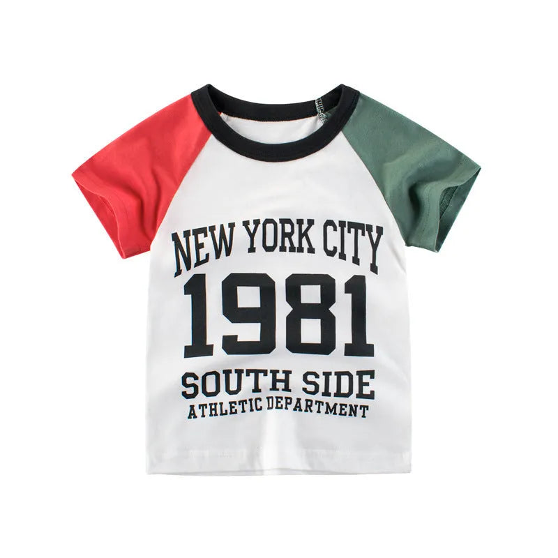 Children's summer short sleeve T-shirt in grey or white, 100% cotton, letter pattern, round neck, sizes 90-140.