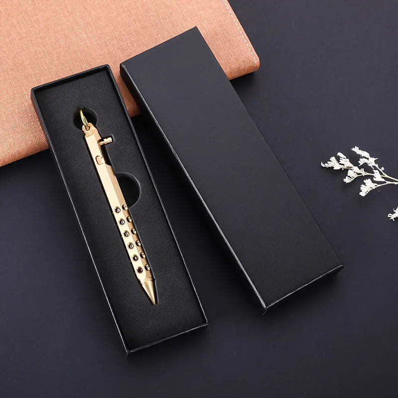Brass hexagonal bolt-action pen showing six-angle design and bolt mechanism
