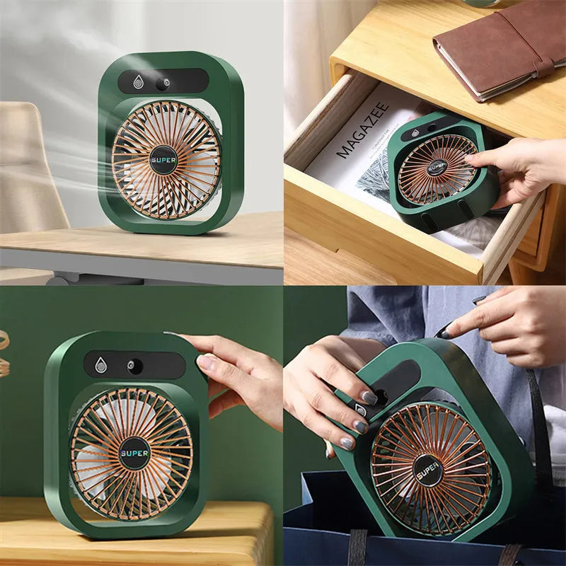 USB misting fan and humidifier in green or white, with three wind speeds and adjustable direction