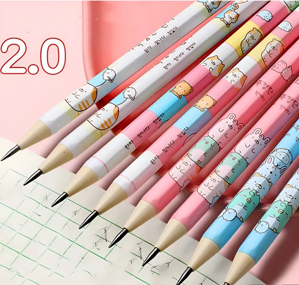 Cartoon-style plastic mechanical pencil for children with 2.0 mm thick lead, shown with spare lead cylinders.