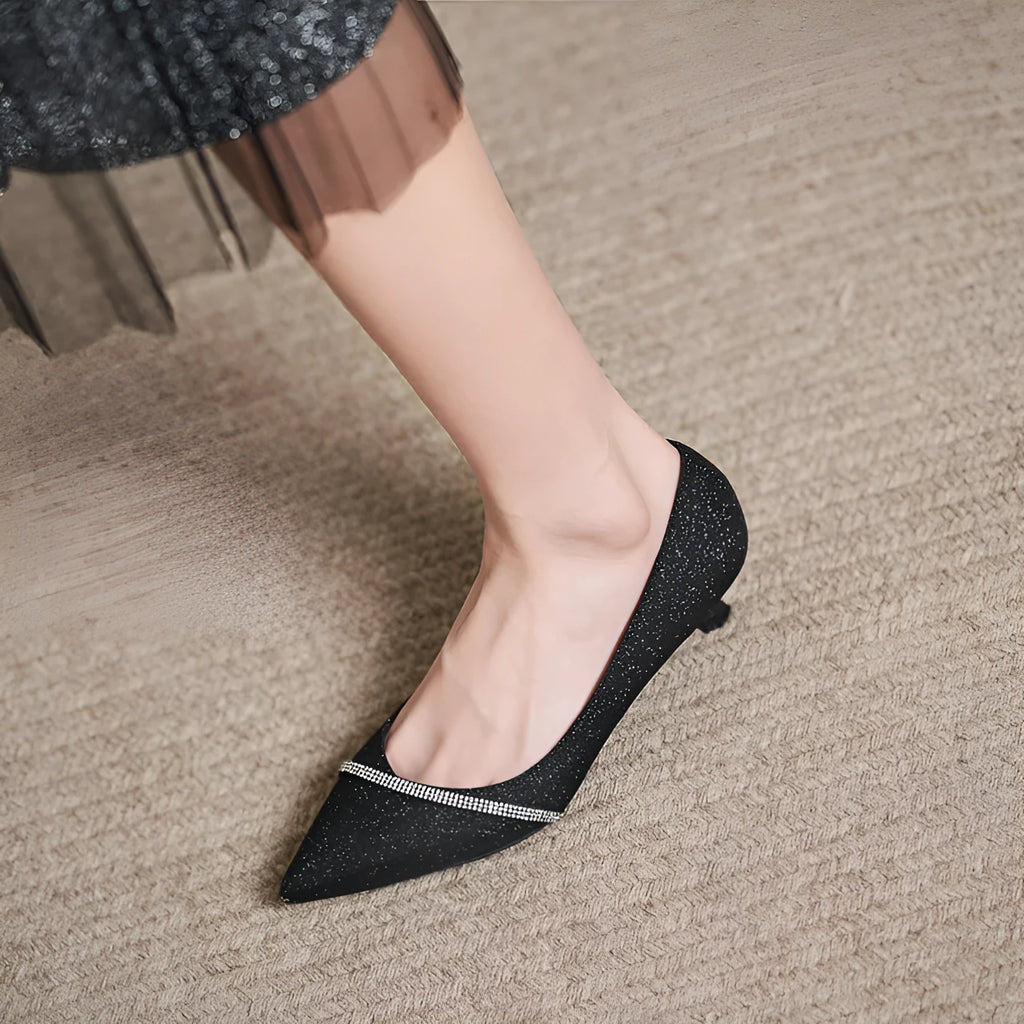 Black French style sequined high heels with 7cm thin heels and low upper height