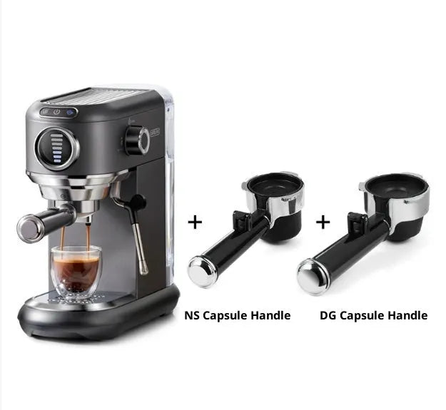 Dark gray espresso coffee machine with steam wand and control panel on countertop