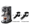 Dark gray espresso coffee machine with steam wand and control panel on countertop